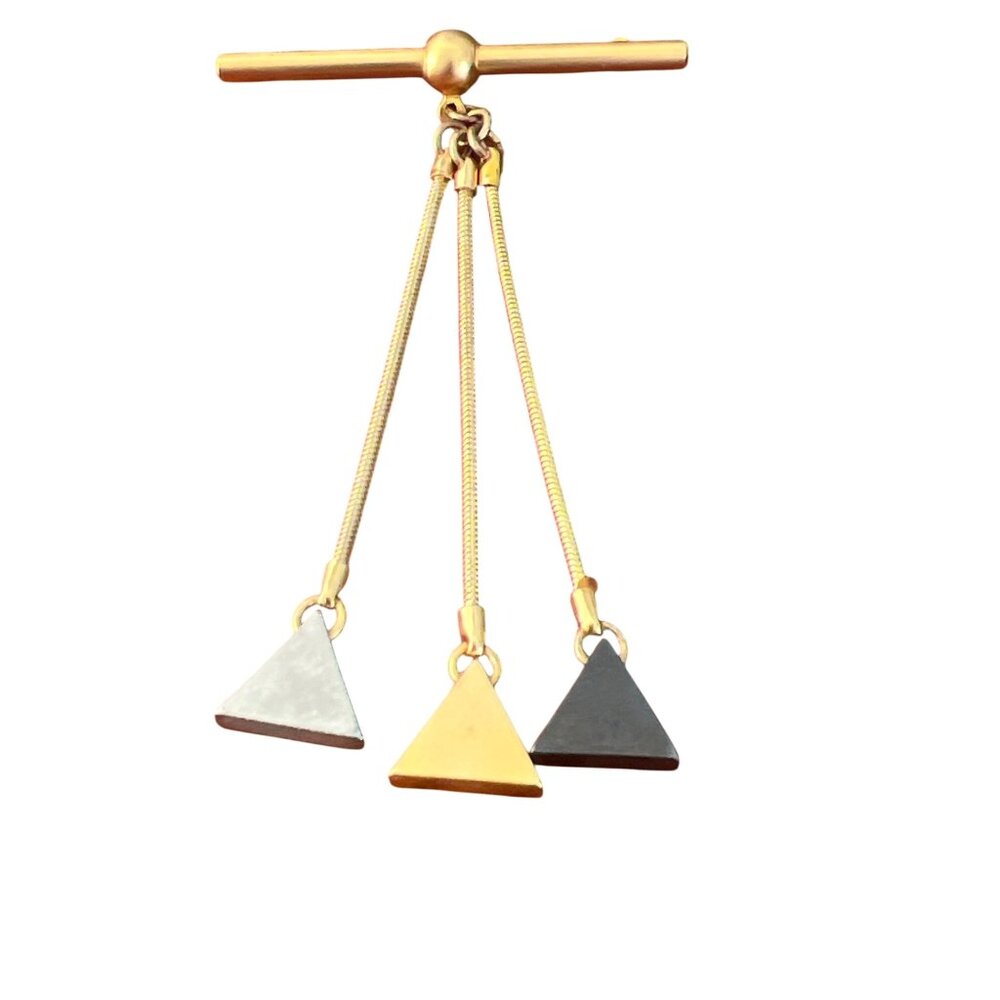 Vintage Gold Tone Bar Brooch with 3 Dangles Multi Color Triangles 2" x 3"
